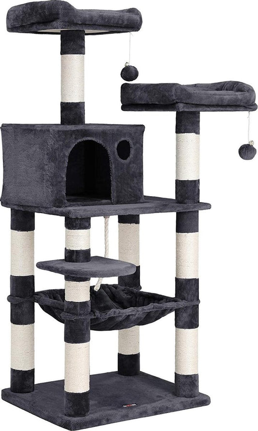  Kat Krabpaal Voor Meerdere Katten - Met Hokje En Plateaus - Grote Of Kleine Katten - Grijs En Wit