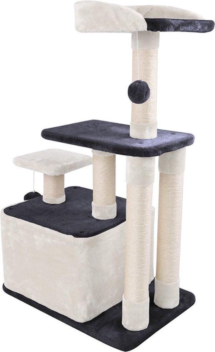 Merkloos MC Star Krabpaal 100cm Met Schraper Meerdere Platforms, Tweedeurs Kattengrotten, Speelgoedballen Met Bellen, Krabbed Natuurlijk Sisal Katten Spelletjes - Grijs&amp;Beige, 100cm