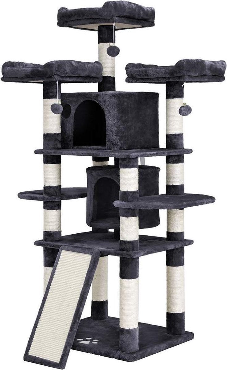  Grote Krabpaal, Krabpaal Met 3 Comfortabele Uitkijkplatforms, Kattenspeelgoed Met 2 Knuffelholen, Dikke Sisalpalen, Extra Krabplank, Stal, 172 Cm, Rookgrijs PCT18GYZ