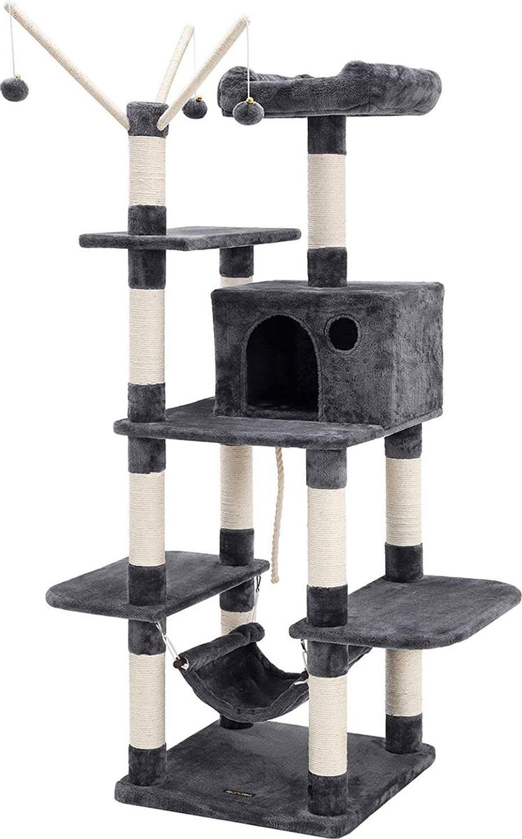  XXL Luxe Katten Krappaal Met Hangmat &amp; Katten Huisjes - Activity Center - Grote Krappaal Klimpaal Met Speelset - Krabmeubel 154 CM Hoog - Grijs