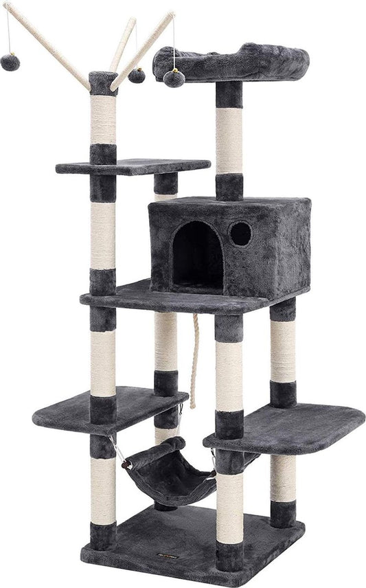  XXL Luxe Katten Krappaal Met Hangmat &amp; Katten Huisjes - Activity Center - Grote Krappaal Klimpaal Met Speelset - Krabmeubel 154 CM Hoog - Grijs