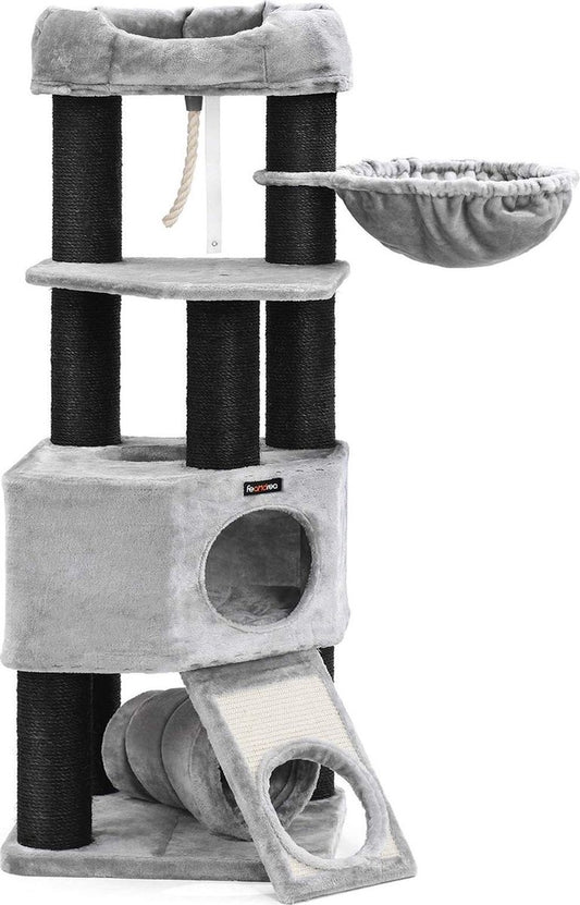  Giving® XXL Luxe Stevige Katten Krabpaal Voor Katten - Stevig Krabmeubel Met Hangmat Mand Katten Huis Tunnel &amp; Speel Touw - Grote Krab Paal Klimpaal - 92 CM Hoog - Grijs/Zwart