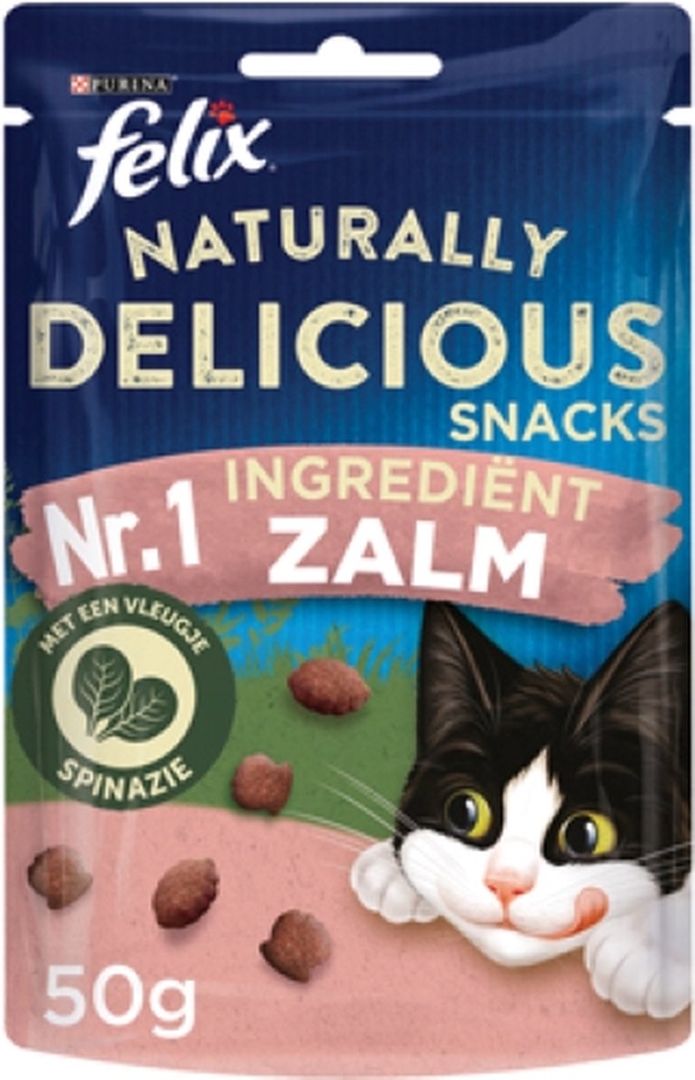  Felix Naturally Delicious Zalm &amp; Spinazie - Kattensnacks - 8 X 50g
