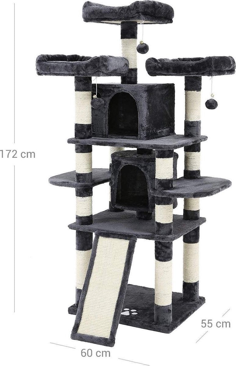  Grote Krabpaal, Krabpaal Met 3 Comfortabele Uitkijkplatforms, Kattenspeelgoed Met 2 Knuffelholen, Dikke Sisalpalen, Extra Krabplank, Stal, 172 Cm, Rookgrijs PCT18GYZ