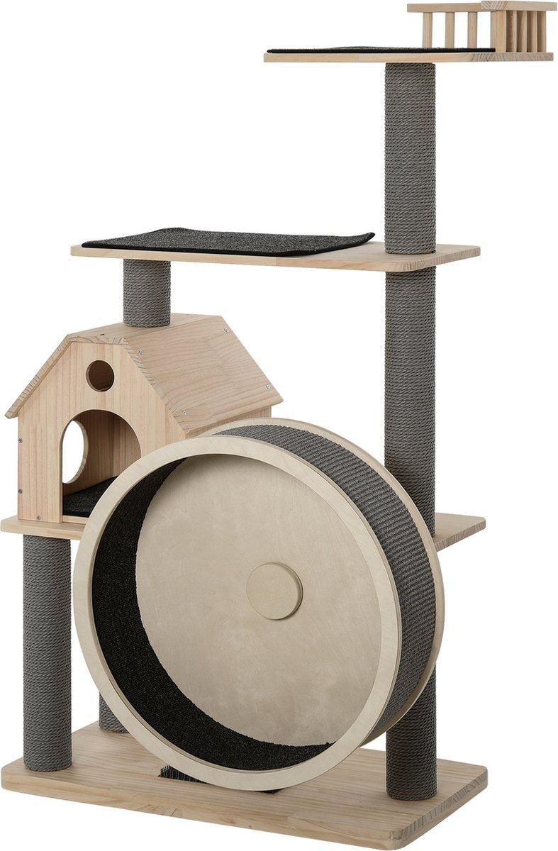  PawHut Kattenboom Met Loopwiel Krabpaal Met 4 Verdiepingen Kattenhuis Met Sisalpalen Massief Hout D30-303