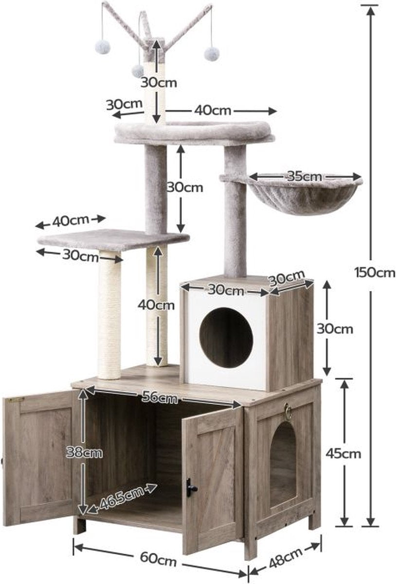  Signature Home Catty Krabpaal Met Kattenbak - Kattenbakkast - Kattenhuis Met Deur En Slot - Krabpalen Met Hangmat Mand Katten Huis - Kattenbakmeubel Verborgen - Alles-in-één Kattenspeelgoed Met Kattenhuis - Grijs - 60cm X 150cm X 48cm