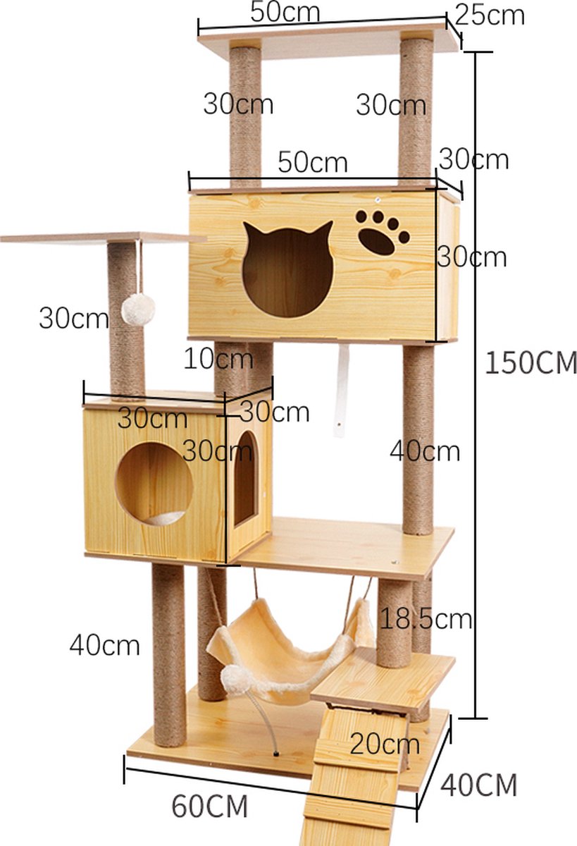 Katten Krabpaal - Houten Krabpaal - 150cm Hoog - Hout - Sisal