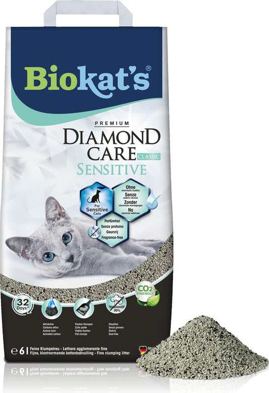  Biokat's Diamond Care Sensitive Classic - 6 L - Kattenbakvulling - Klontvormende - Zonder Geur - Aktieve Kool - Voor Gevoelige Katten