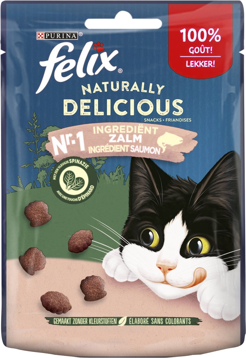  Felix Naturally Delicious Zalm &amp; Spinazie - Kattensnacks - 8 X 50g