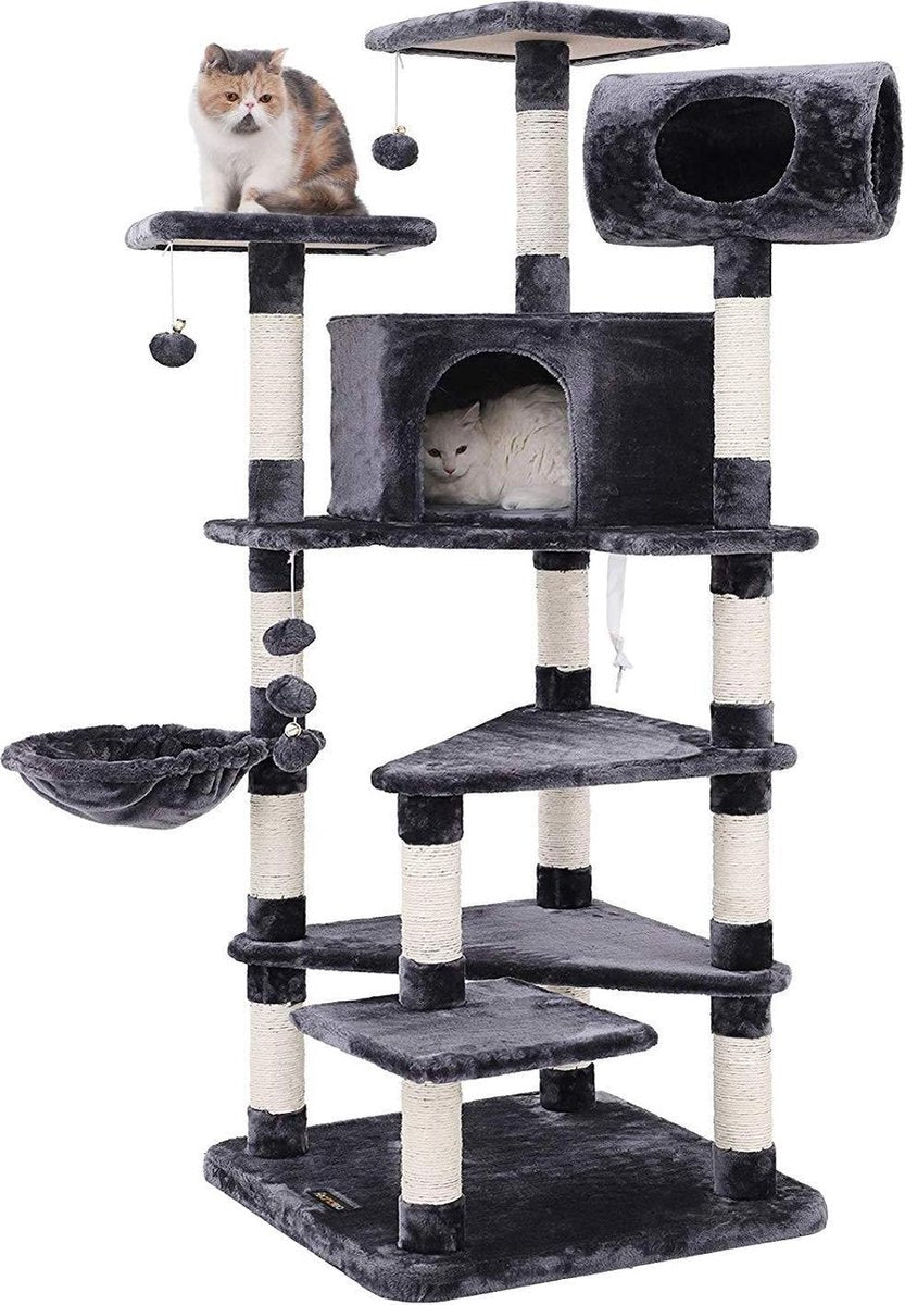  XXL Luxe Katten Krappaal Met Hangmat &amp; Kattenhuisjes - Activity Center - Grote Krappaal Klimpaal - 165 CM Hoog - Grijs/Zwart