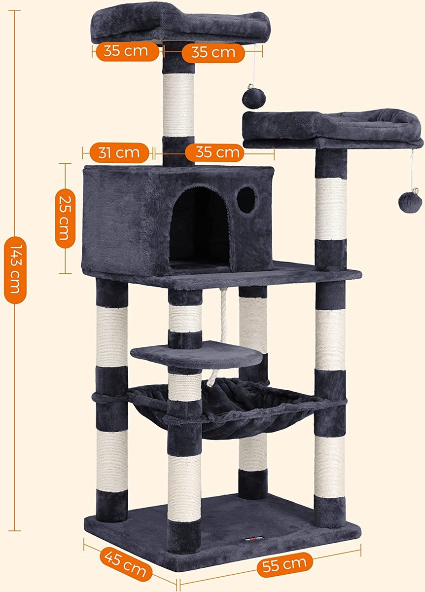  Krabpaal Voor Katten - Kattenboom - Met 2 Uitkijkplateaus - Grijs