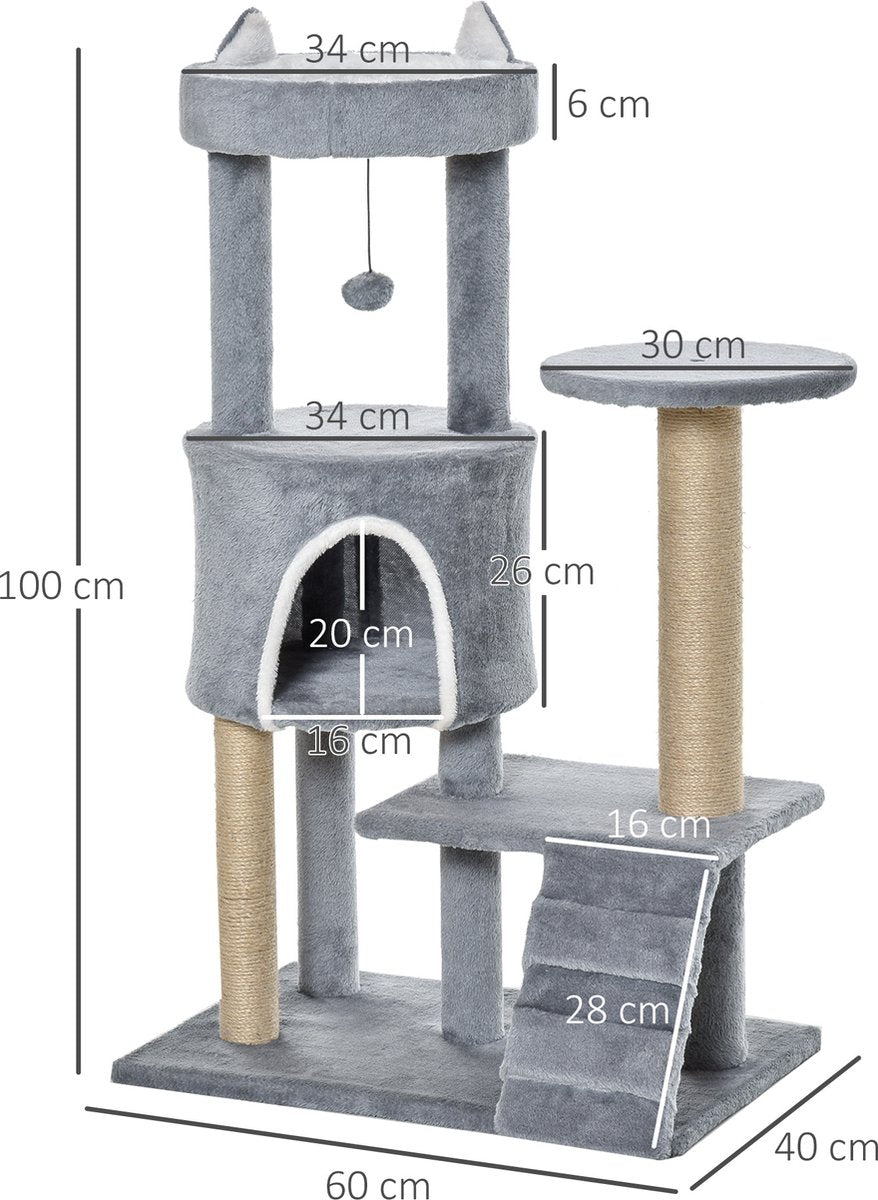  PawHut Krabpaal Kattenboom Met Kattengrot Trap Spaanplaat Jute Grijs D30-360