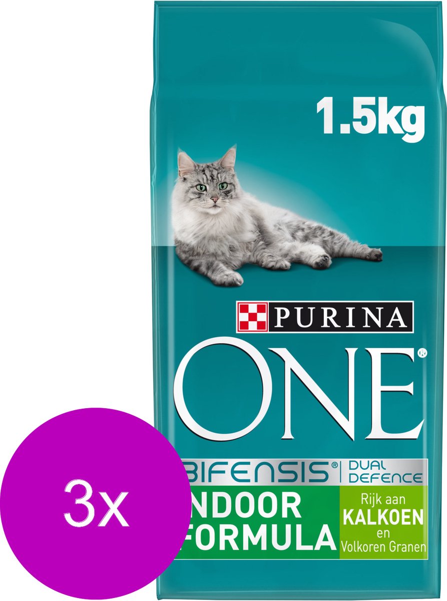  Purina One Indoor Formula Kalkoen - Kattenvoer - 3 X 1.5 Kg