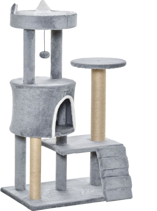  PawHut Krabpaal Kattenboom Met Kattengrot Trap Spaanplaat Jute Grijs D30-360