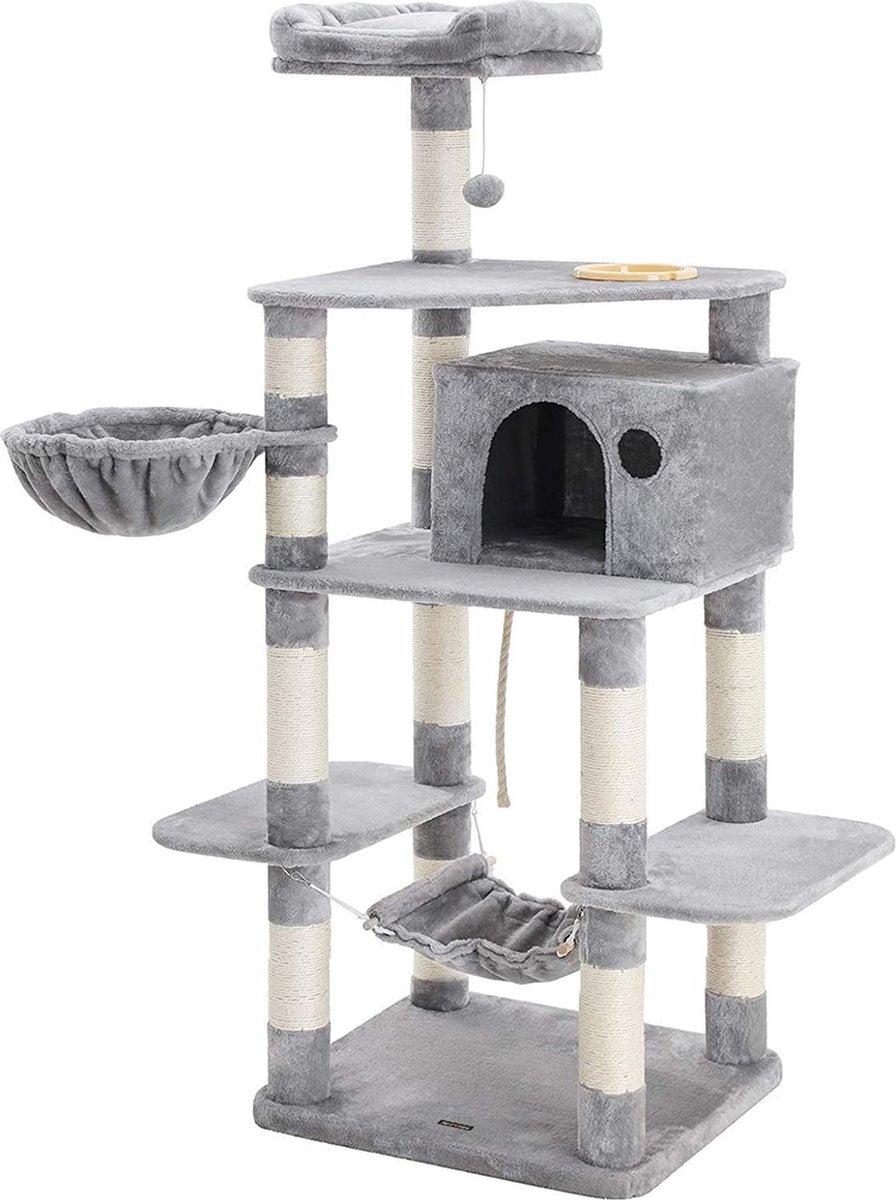 Merkloos XXL Luxe Katten Krappaal Met Hangmat Hangende Mand &amp; Katten Huisje - Activity Center - Grote Krappaal Klimpaal Met Speelset - Krabmeubel 164 CM Hoog - Sisal/Pluche - Grijs