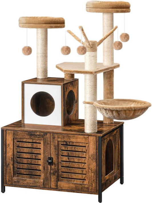  Signature Home Lola Krabpaal Met Kattenbak - Kattenbak Hangmat Mand Katten Huis - Kattenhuis Met Deur En Slot - Krabpalen Katten Huis - Kattenbakmeubel Verborgen - Alles-in-één Kattenspeelgoed Met Kattenhuis - Bruin - 70cm X 132cm X 48cm