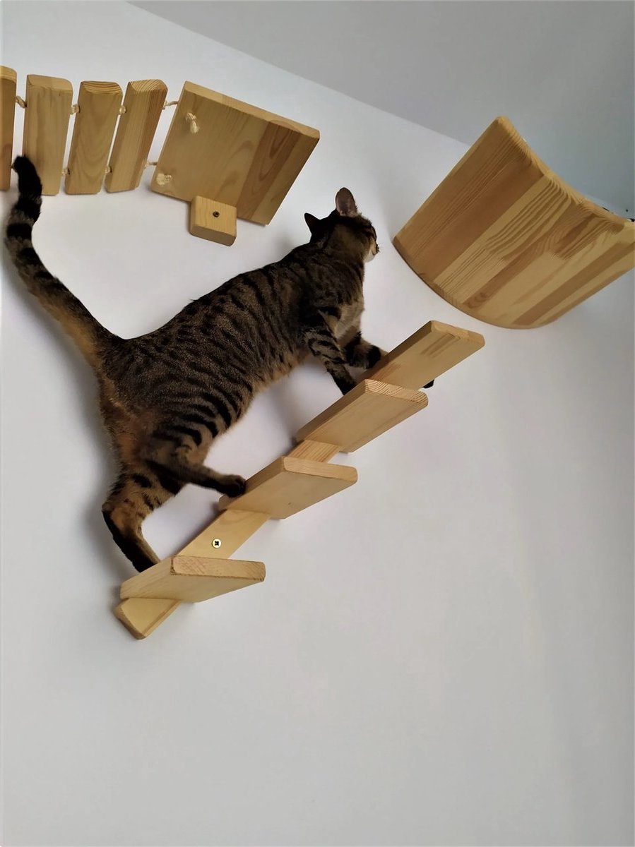  Kattentrap Hout - Linksonder Naar Rechtsboven - Handgemaakte Kattenladder - Katten Klimmuur Klimwand