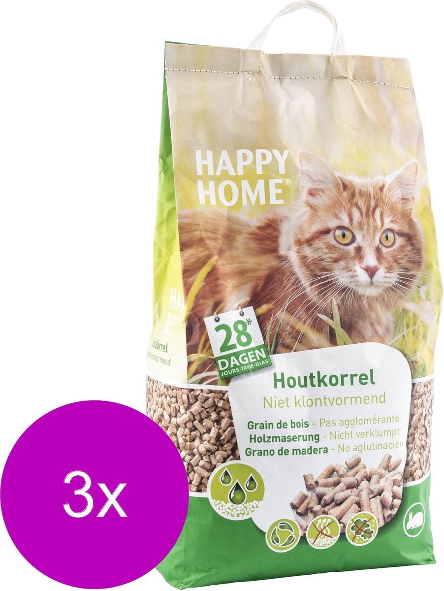  Happy Home Natural Wood - Kattenbakvulling - 3 X 20 L