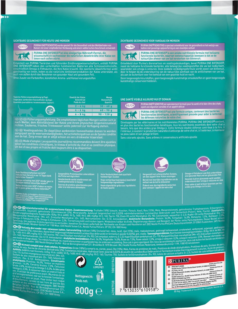  Purina One Sensitive - Kalkoen/Rijst - Kattenvoer - 800 G