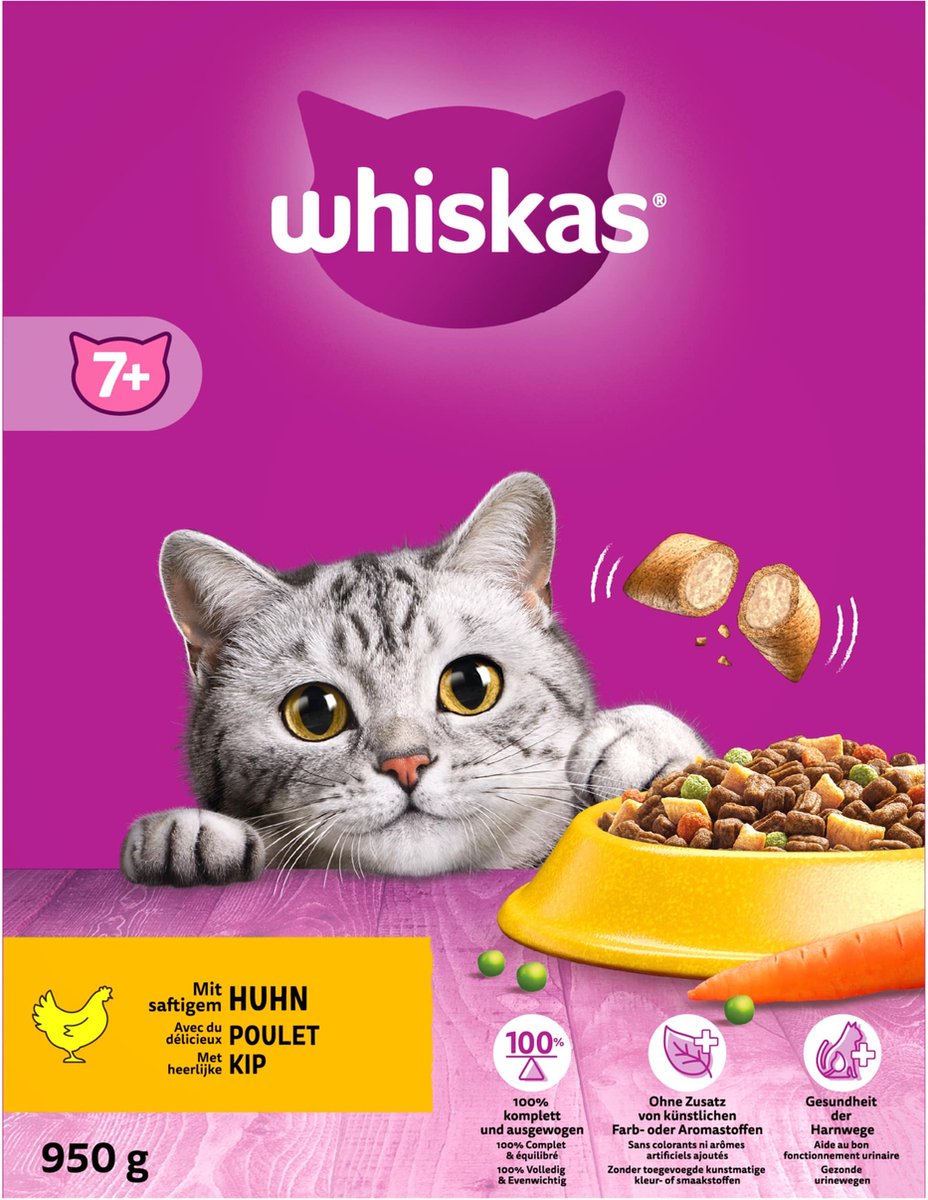 Whiskas 7+ Kattenbrokken - Kip - Doos 5 X 950 G