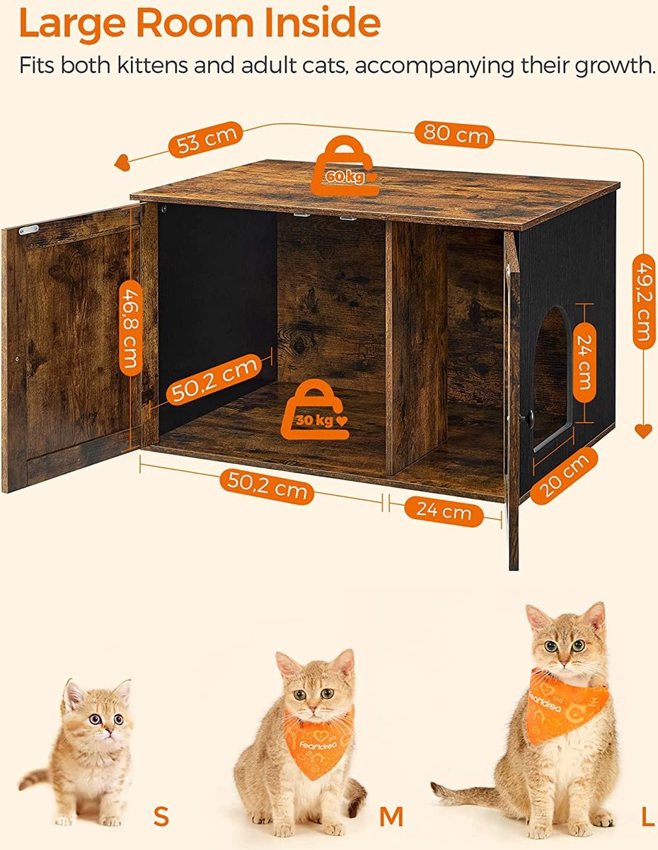Songmics Kattenbak, Kattenhuis, Met Deuren, Vintage Bruin-zwart