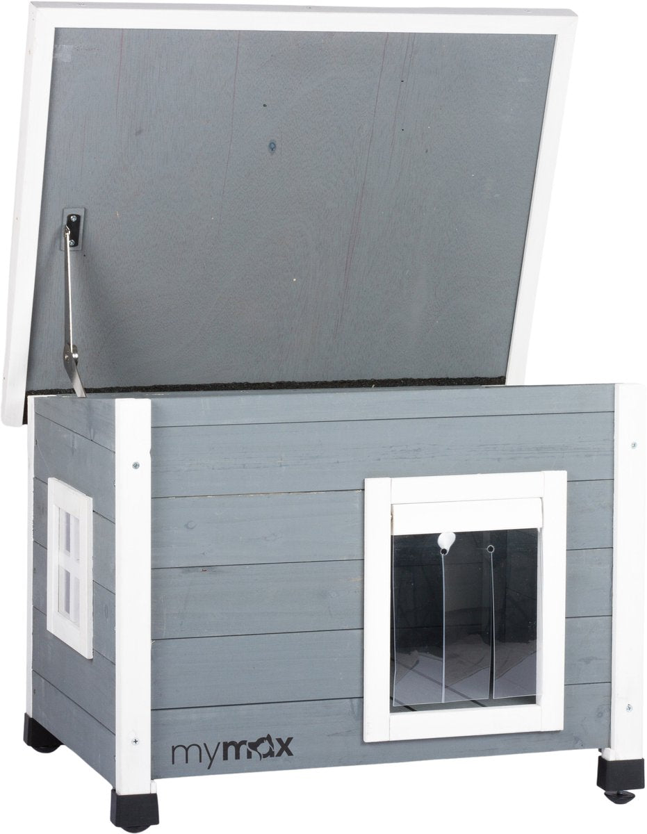  MyMax Kattenhuis - Hout - Openslaand Bitumen Dak - Kattenhuis Voor Buiten - Kattenhok - Kattenhuisje Hout - Grijs - 57*45*43CM