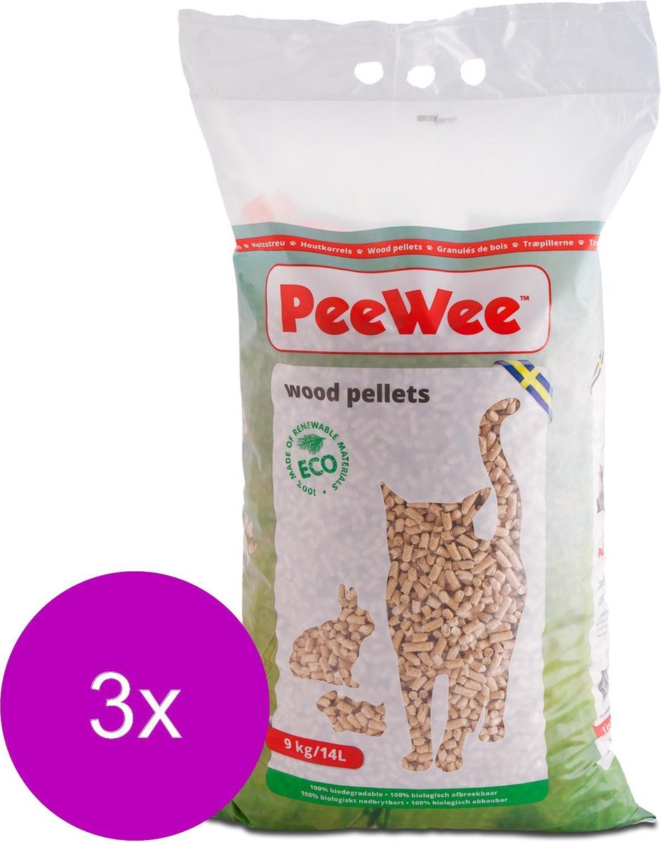 Peewee Houtkorrels Kattenbakvulling - 3 X 9 Kg (27 Kg, 42l)