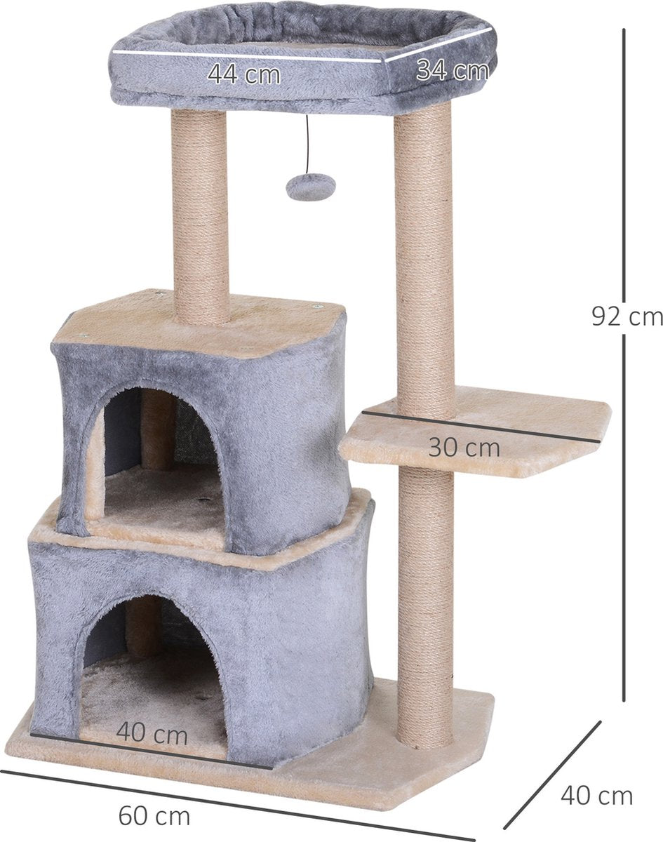  PawHut Krabpaal Kattenboom Met Grot Klimboom Kattenhuis Sisal Paal Sisal Grijs D30-218