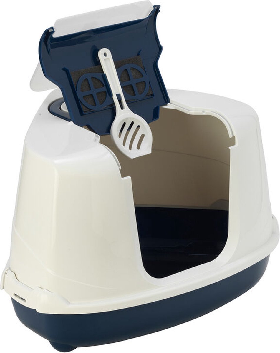  Moderna Flip Hoekkattenbak - Donkerblauw/Wit - 56 X 45 X 39 Cm