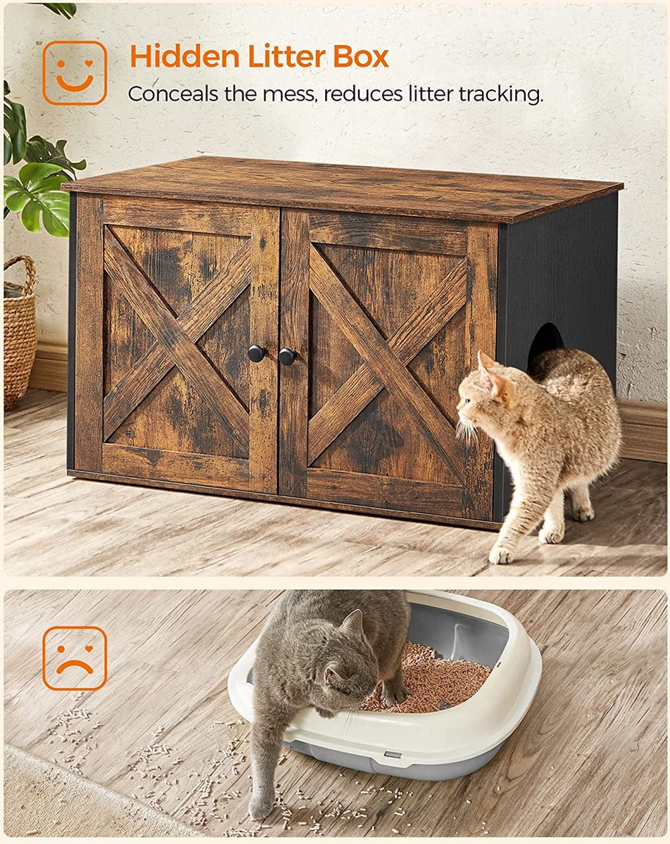 Songmics Kattenbak, Kattenhuis, Met Deuren, Vintage Bruin-zwart