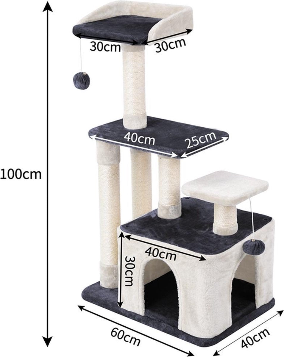 Merkloos MC Star Krabpaal 100cm Met Schraper Meerdere Platforms, Tweedeurs Kattengrotten, Speelgoedballen Met Bellen, Krabbed Natuurlijk Sisal Katten Spelletjes - Grijs&amp;Beige, 100cm