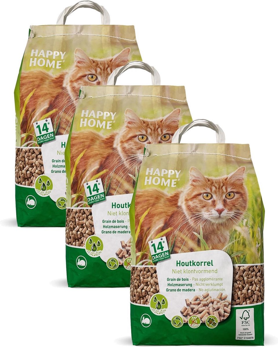  Happy Home Natural Houtkorrel - FSC - Kattenbakvulling - 3 X 10 L 5 Kg