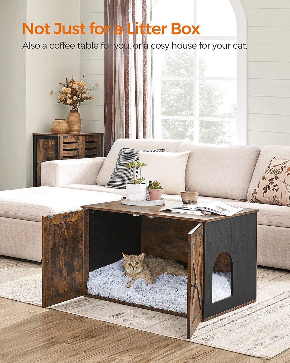 Songmics Kattenbak, Kattenhuis, Met Deuren, Vintage Bruin-zwart