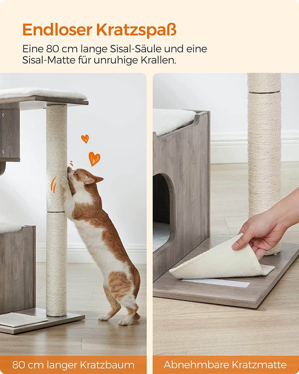 Songmics Krabpaal 86 Cm, Middelgrote Kattenkrabpaal Met 3 Ligvlakken En Grot, Kattenboom Van MDF Met Houtfineer, Sisalstam, Wasbare Kussens Van Pluche, Grijs-wit PCT070G01