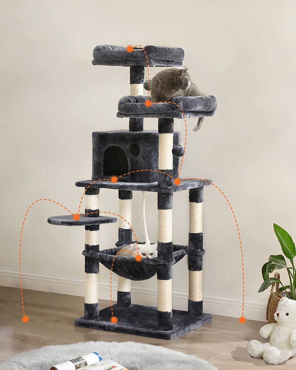  Krabpaal Voor Katten - Kattenboom - Met 2 Uitkijkplateaus - Grijs
