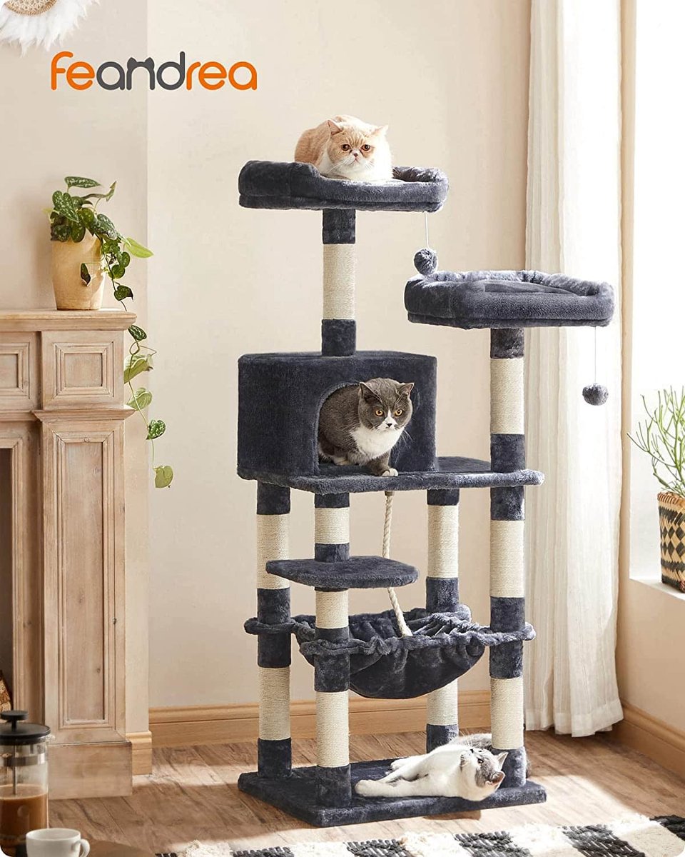  Krabpaal, Kattenboom 143 Cm, 2 Gezellige Uitkijkplateaus, Rookgrijs PCT15GYZ