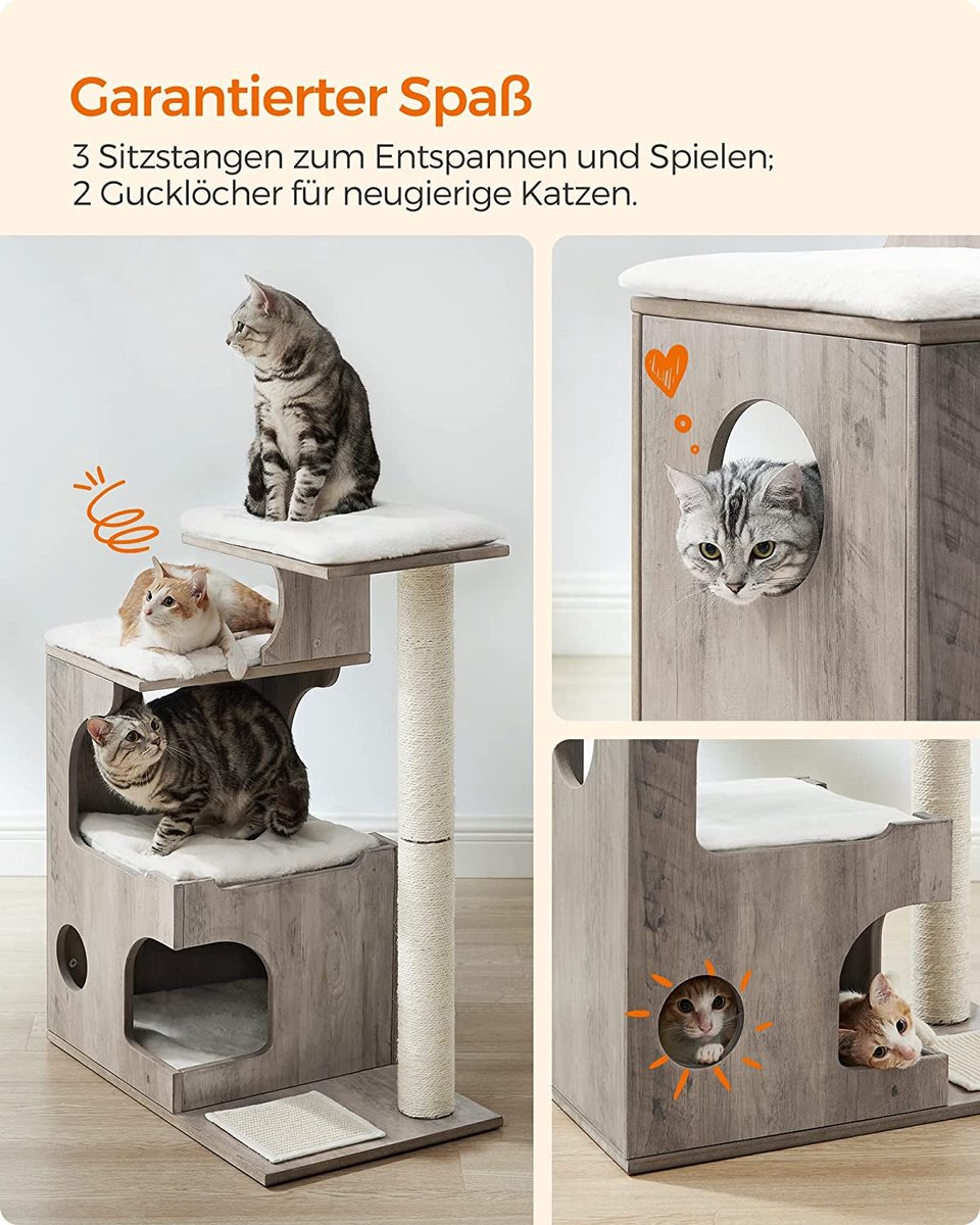 Songmics Krabpaal 86 Cm, Middelgrote Kattenkrabpaal Met 3 Ligvlakken En Grot, Kattenboom Van MDF Met Houtfineer, Sisalstam, Wasbare Kussens Van Pluche, Grijs-wit PCT070G01