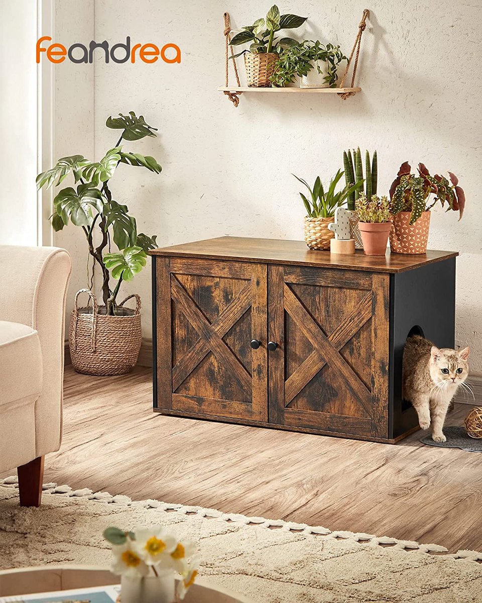 Songmics Kattenbak, Kattenhuis, Met Deuren, Vintage Bruin-zwart