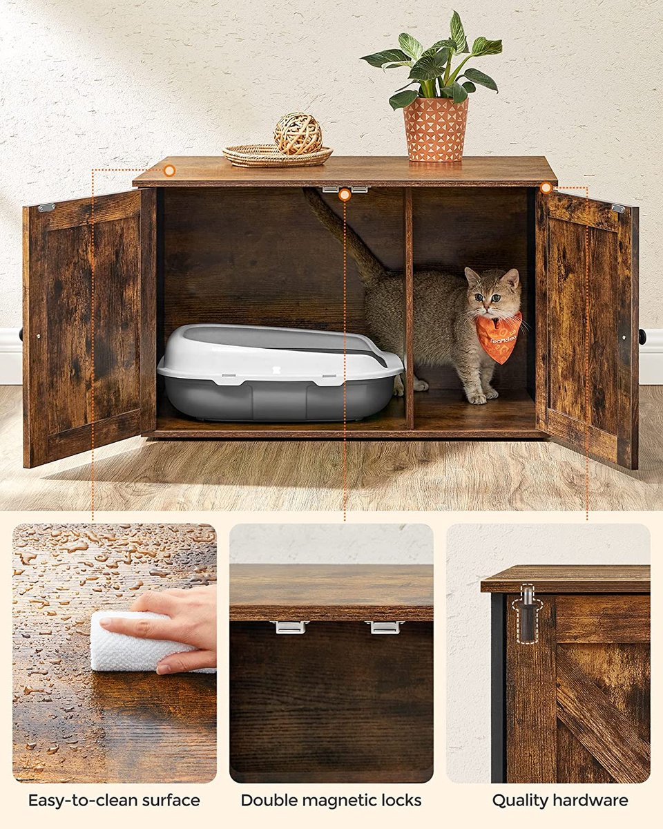 Songmics Kattenbak, Kattenhuis, Met Deuren, Vintage Bruin-zwart