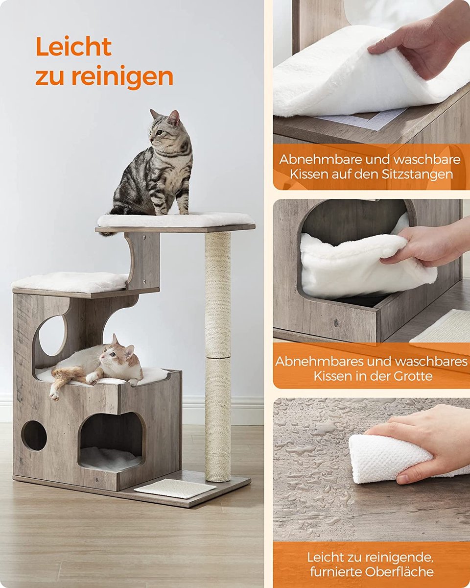 Songmics Krabpaal 86 Cm, Middelgrote Kattenkrabpaal Met 3 Ligvlakken En Grot, Kattenboom Van MDF Met Houtfineer, Sisalstam, Wasbare Kussens Van Pluche, Grijs-wit PCT070G01