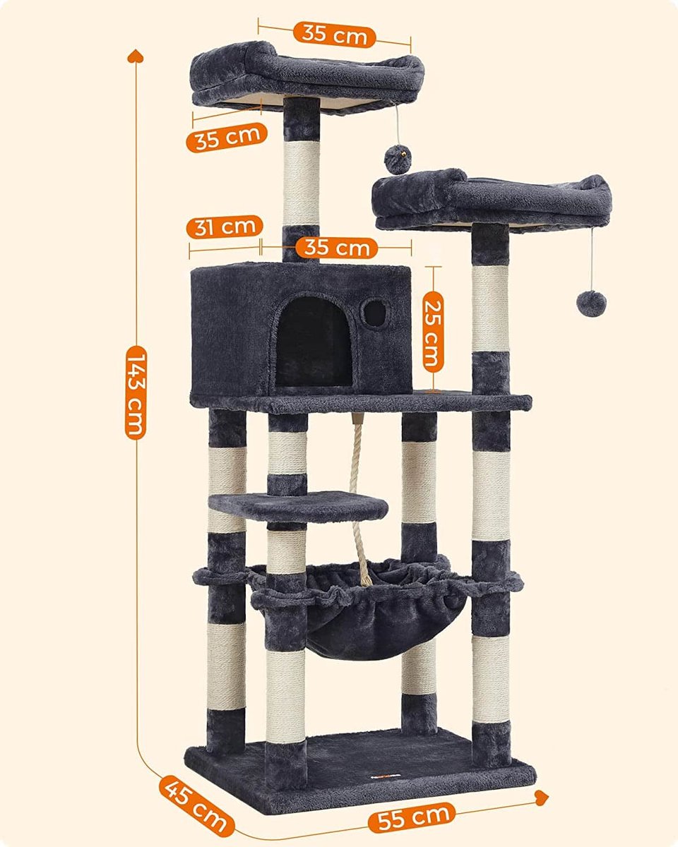  Krabpaal, Kattenboom 143 Cm, 2 Gezellige Uitkijkplateaus, Rookgrijs PCT15GYZ