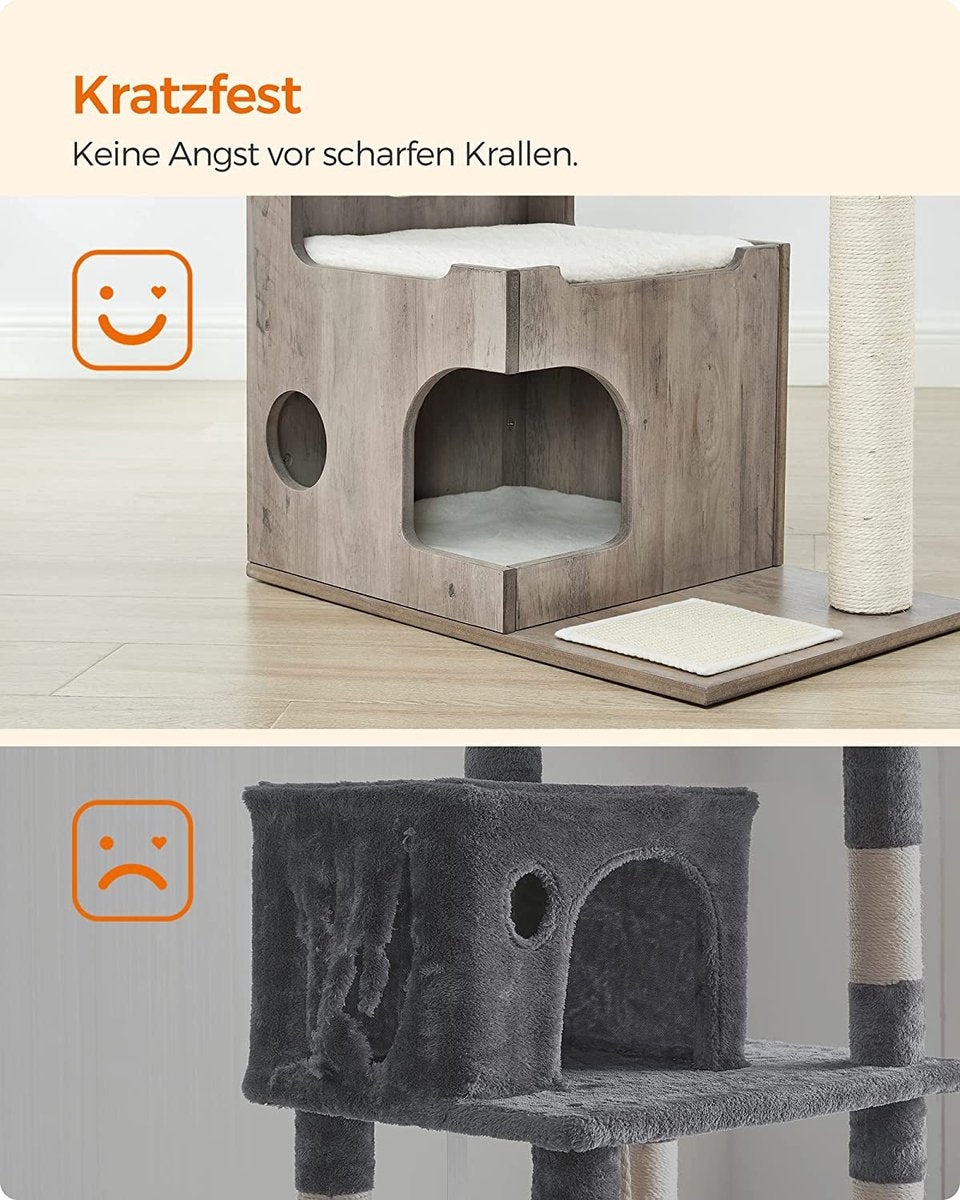 Songmics Krabpaal 86 Cm, Middelgrote Kattenkrabpaal Met 3 Ligvlakken En Grot, Kattenboom Van MDF Met Houtfineer, Sisalstam, Wasbare Kussens Van Pluche, Grijs-wit PCT070G01