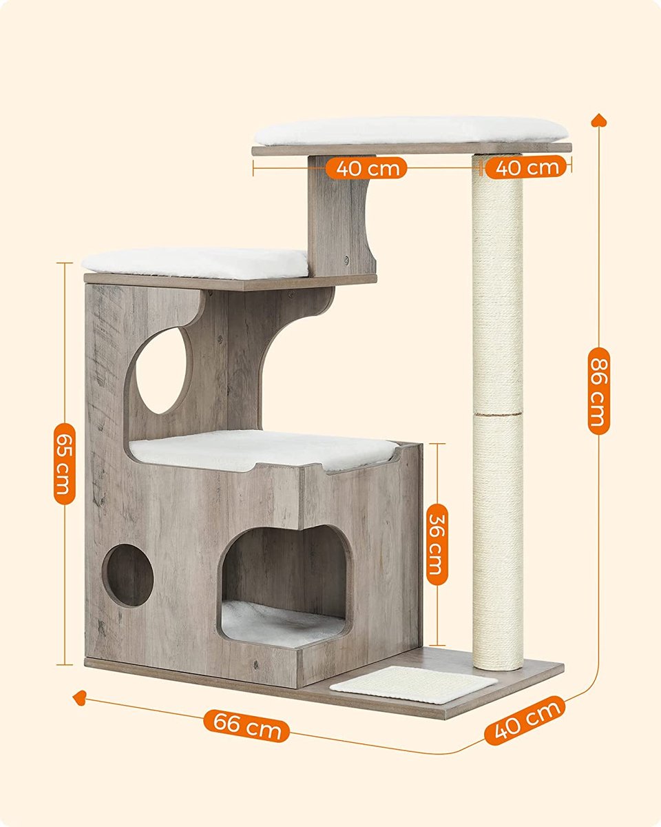 Songmics Krabpaal 86 Cm, Middelgrote Kattenkrabpaal Met 3 Ligvlakken En Grot, Kattenboom Van MDF Met Houtfineer, Sisalstam, Wasbare Kussens Van Pluche, Grijs-wit PCT070G01