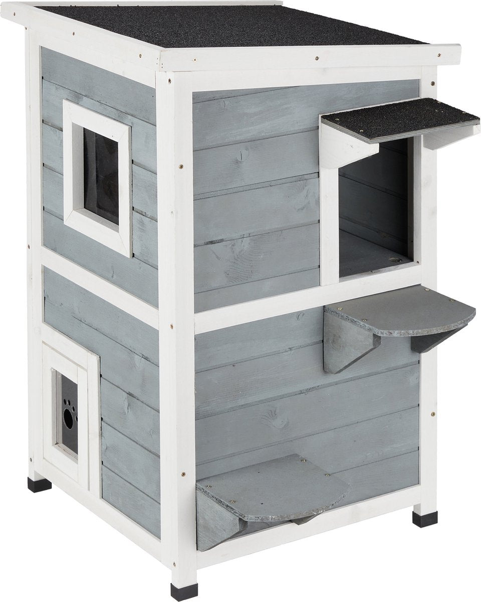  Relaxdays Kattenhuis Buiten - Groot Kattenhok Binnen - Hoog Kattenmeubel Grijs Hout - Tuin