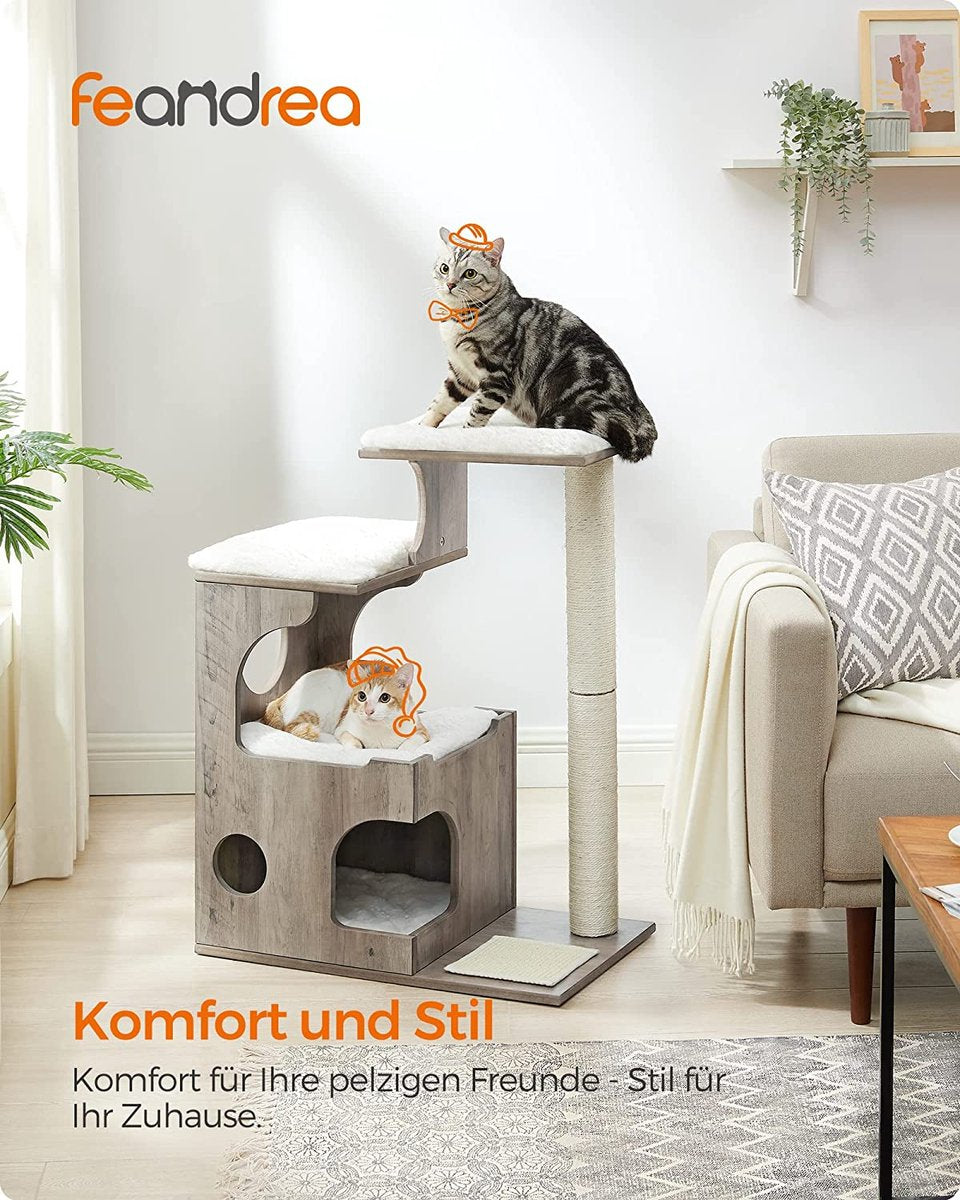 Songmics Krabpaal 86 Cm, Middelgrote Kattenkrabpaal Met 3 Ligvlakken En Grot, Kattenboom Van MDF Met Houtfineer, Sisalstam, Wasbare Kussens Van Pluche, Grijs-wit PCT070G01
