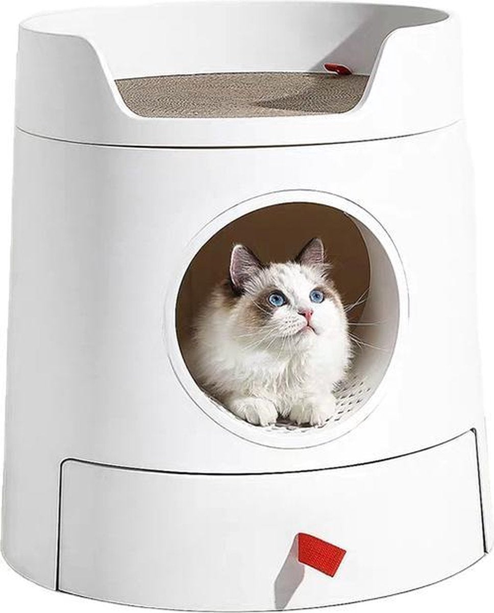  A Sunny Day Kattenbak Met Lade, Bedje En Krabplank - Inclusief Schepje - Design Kattenbak - Wit - Dichte Kattenbak - Kattenbak Gesloten