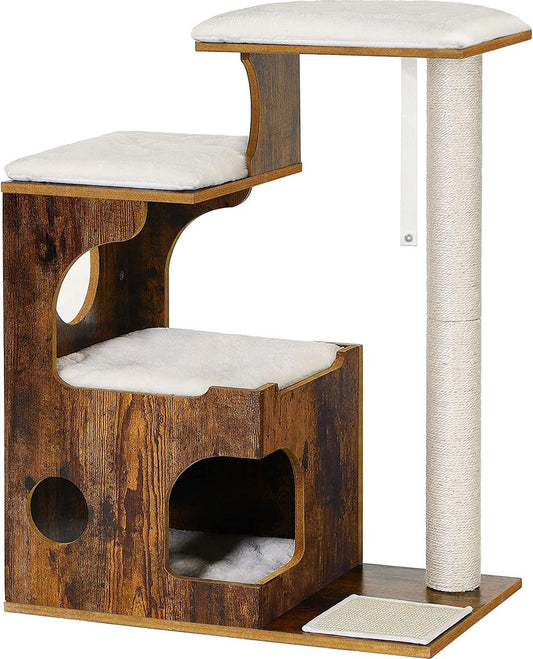 Songmics Zaza Home Luxe Houten Krabpaal 86 Cm, Middelgrote Katten Klimboom Met 3 Ligvlakken En Holten Vintage Bruin-wit