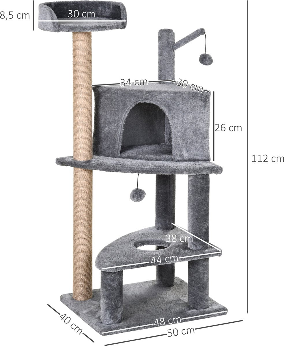  PawHut Krabpaal Met Speelballen Kattenkrabpaal Kattenhuis Jute Paal, Grijs D30-281