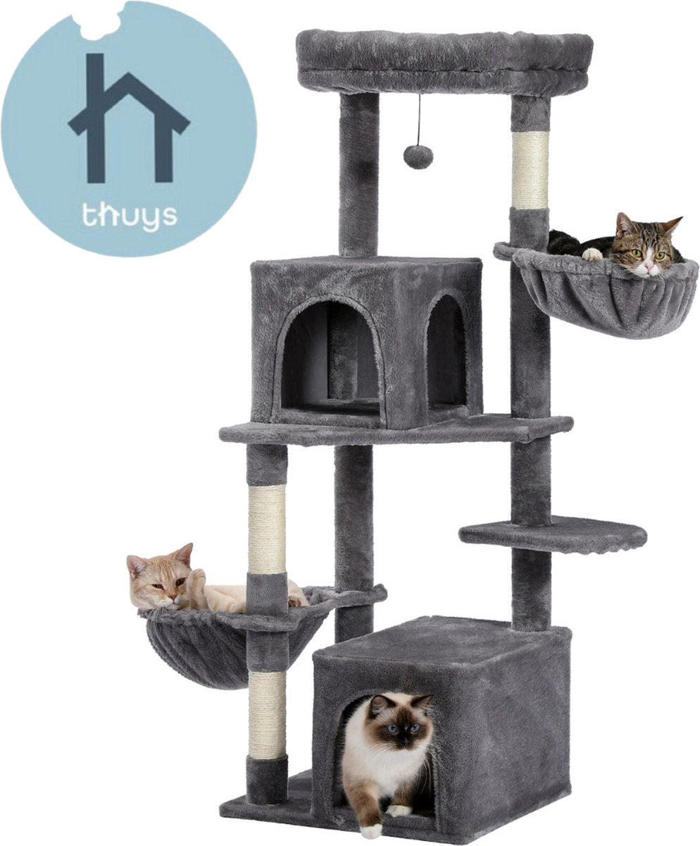  Krabpaal Voor Grote Katten 3 Verdiepingen - 140cm Hoog - Wit Grijs -Met Hangmatjes - Krabpaal Voor Zware Katten