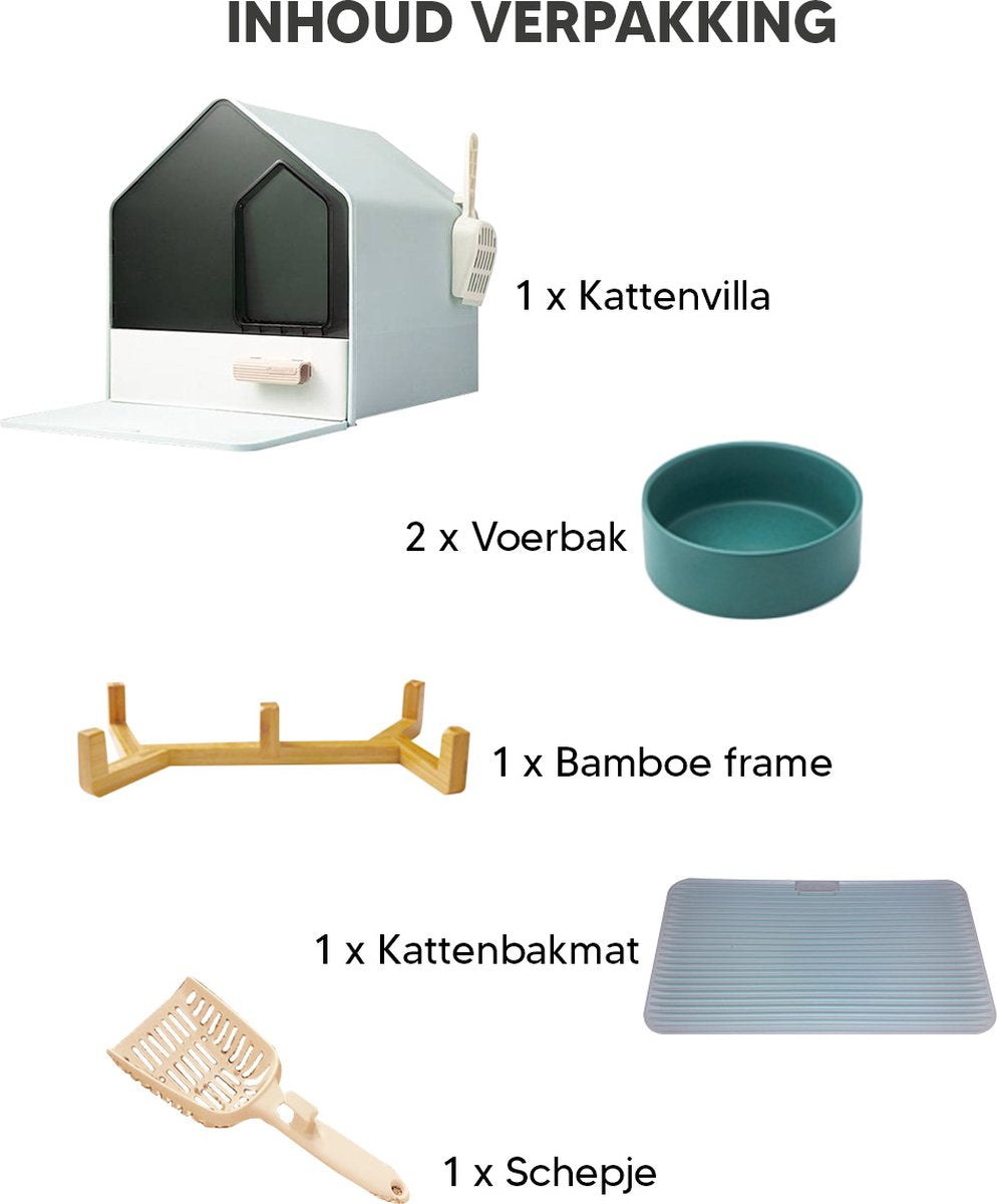  Kattenbak Villa Met Dubbele Voerbak En Kattenbakmat – Kat - Drinkbak – Modern En Stijlvol - Design - Groen